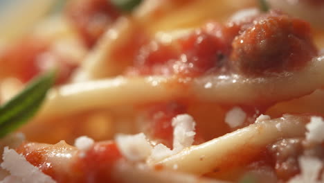 espagueti bolognese - un delicioso plato popular con pasta, carne molida, queso rallado, salsa de tomate y romero en macros