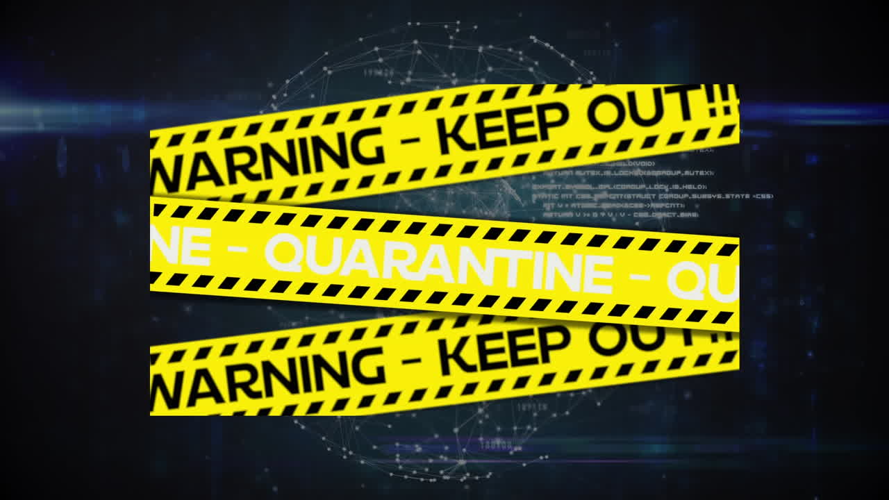 Animation of covid 19 warning text over data processing and globe