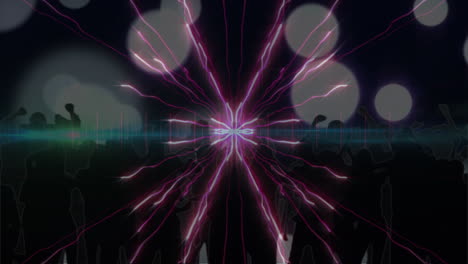 animación de fuegos artificiales y luces sobre personas bailando en un fondo oscuro