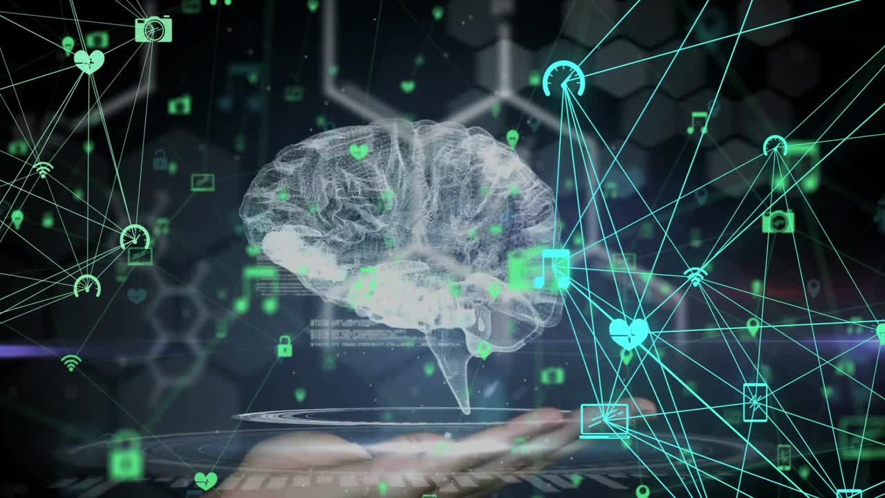 Hand entering, materializing and rotating 3D brain projection forming network map visualizing data
