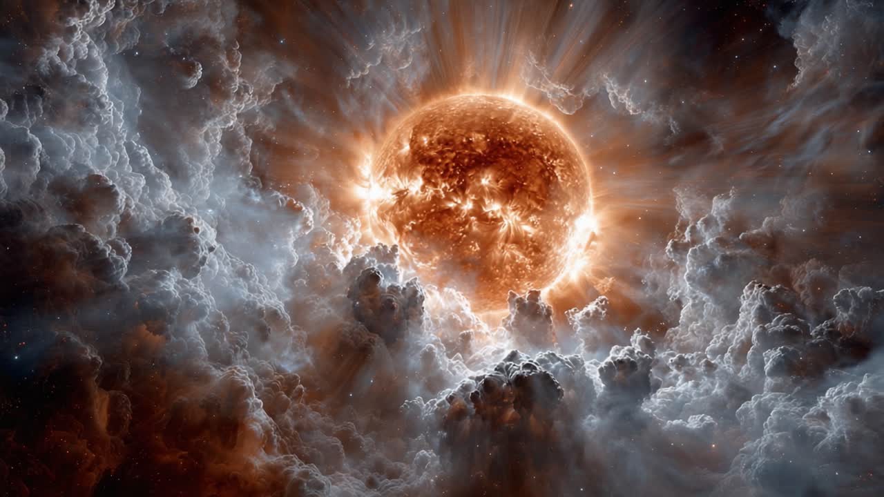 A Stunning Celestial Phenomenon Featuring a Radiant Sun Surrounded by Majestic Clouds and Cosmic Light, Capturing the Beauty of the Universe