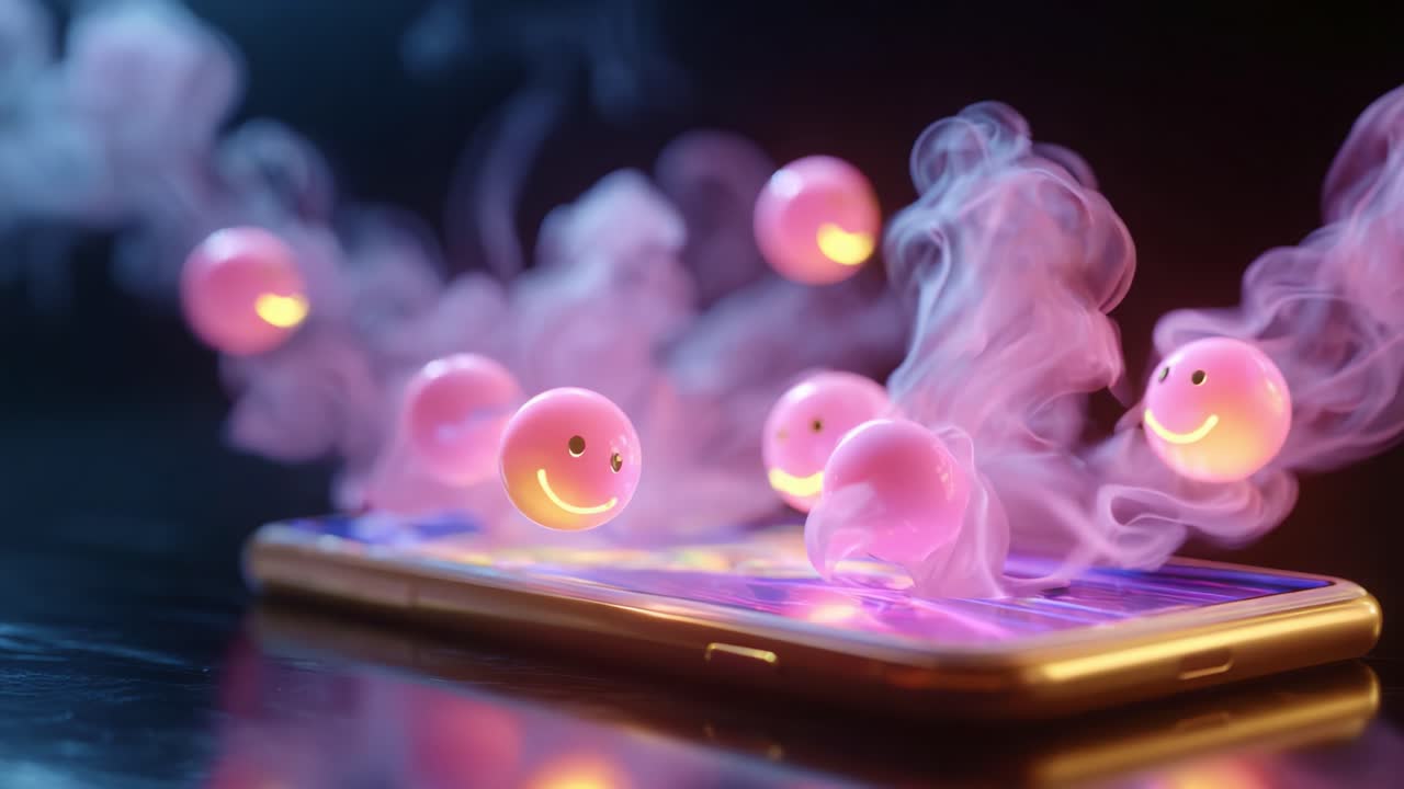 A vibrant mobile phone emits cheerful pink emoji spheres, surrounded by an enchanting mist, capturing the essence of digital happiness and playful interaction in a mesmerizing display of modern technology