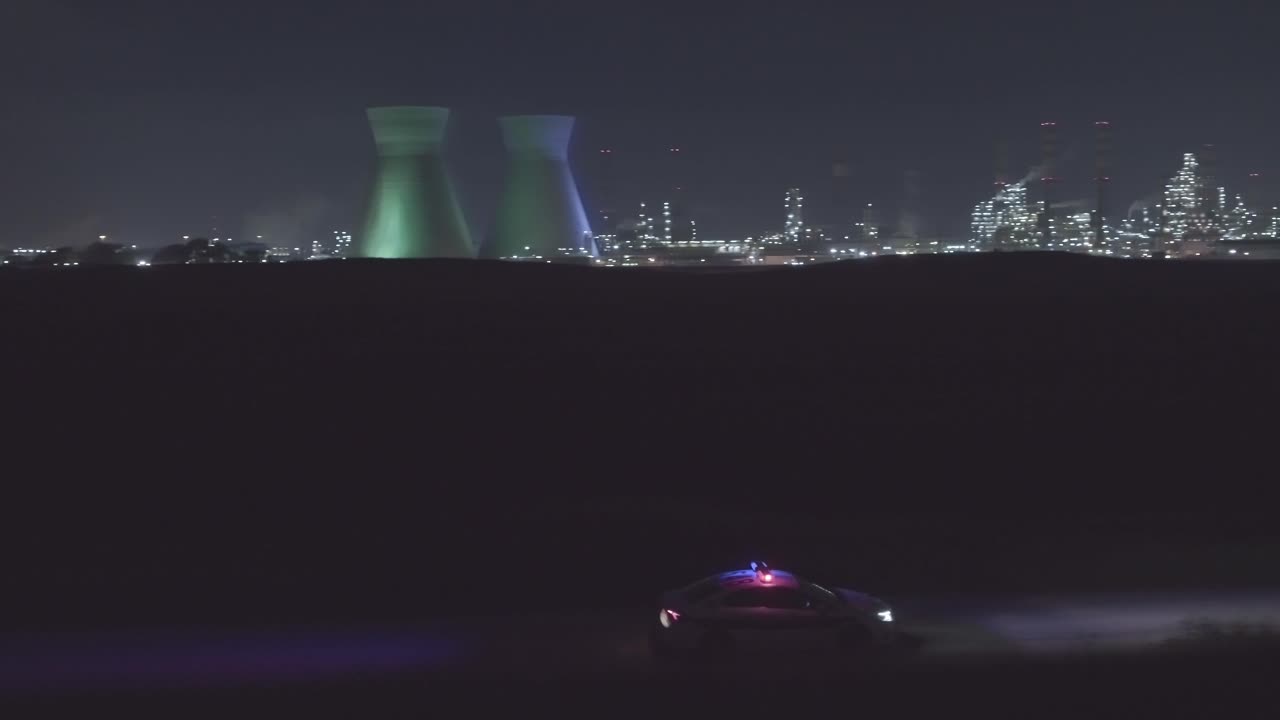 Night aerial footage of a police car driving down a dark urban area