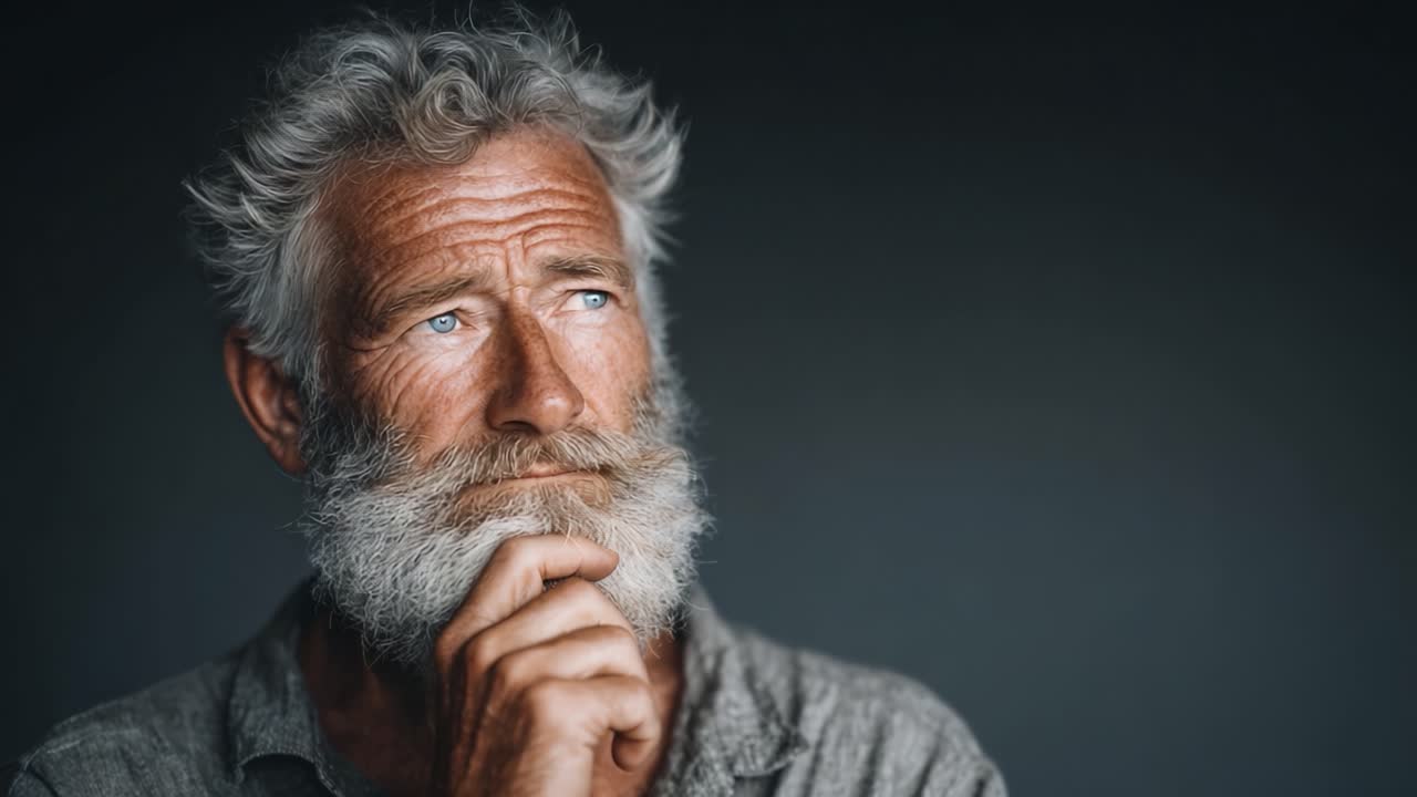 Un uomo contemplativo con sorprendenti capelli e barba grigi guarda pensieroso, riflettendo su pensieri profondi ed esperienze di vita in un'atmosfera serena e suggestiva.