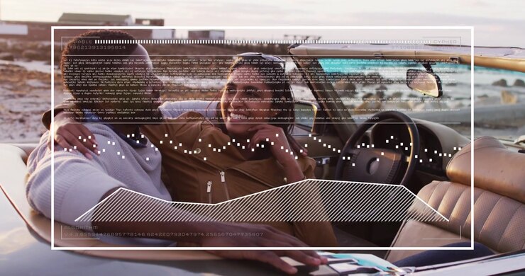 Vertical video: Laugh sparking couple sitting in car gesturing while overlays sweeping to show talk