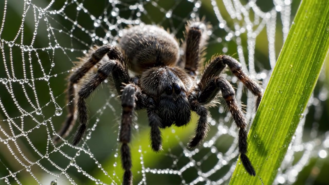 Primer plano de una araña tejiendo su magnífica telaraña de seda, mostrando los finos detalles del arácnido y las brillantes gotas de rocío que realzan su intrincado entorno