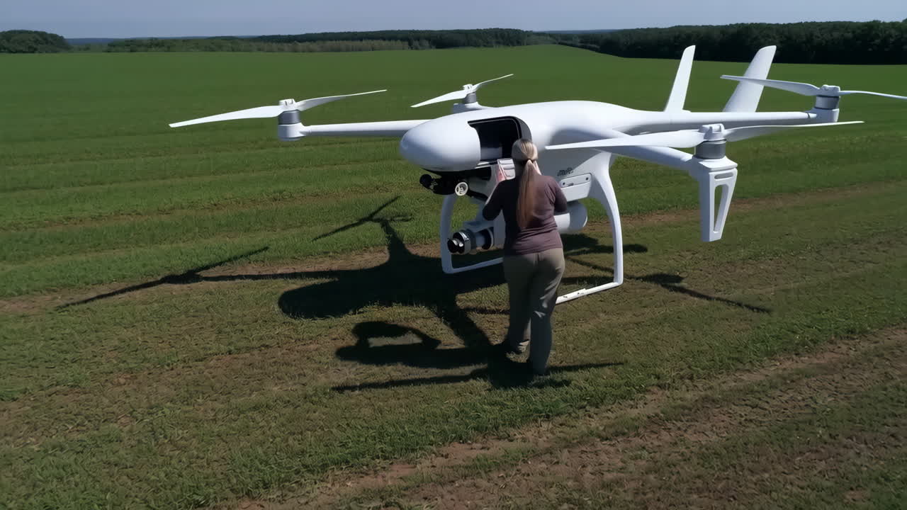 Woman preparing a large white drone in a field