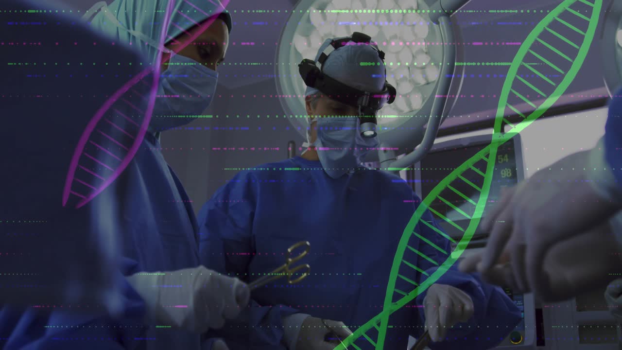 Surgeons verifying vitals then exchanging forceps to secure vessel with DNA helix overlay
