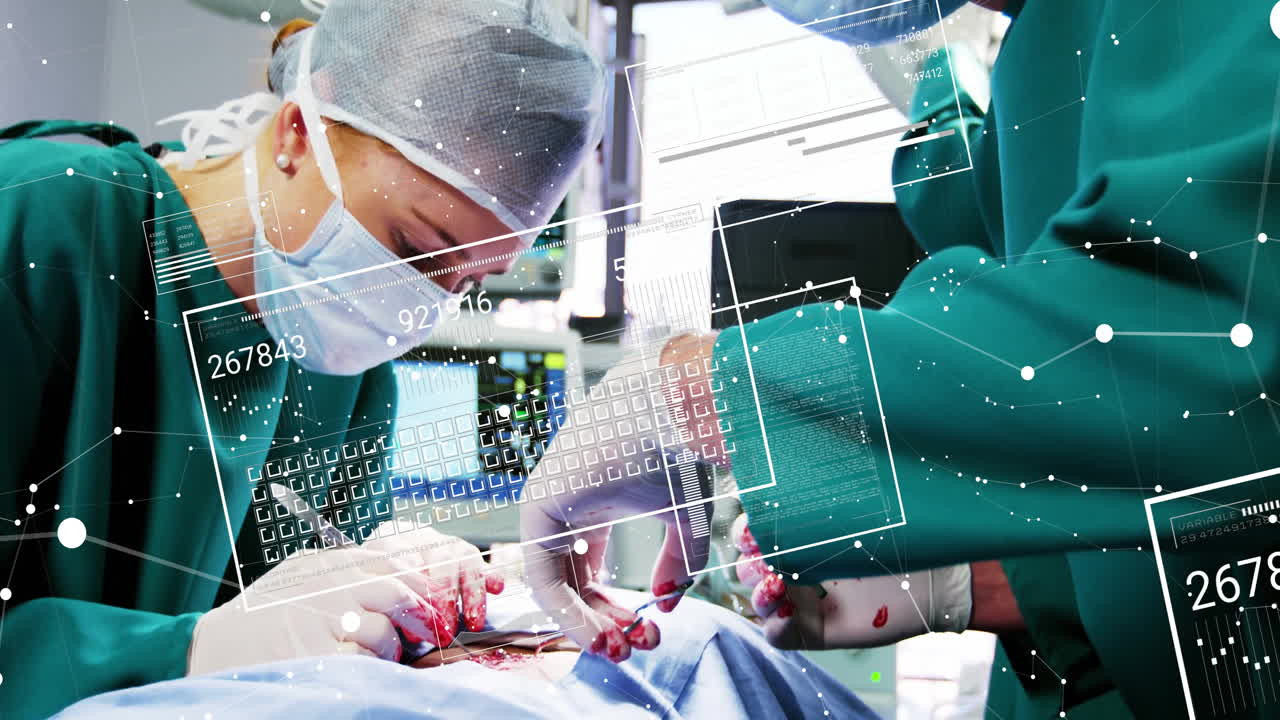 Animation of data processing over caucasian surgeons during operation