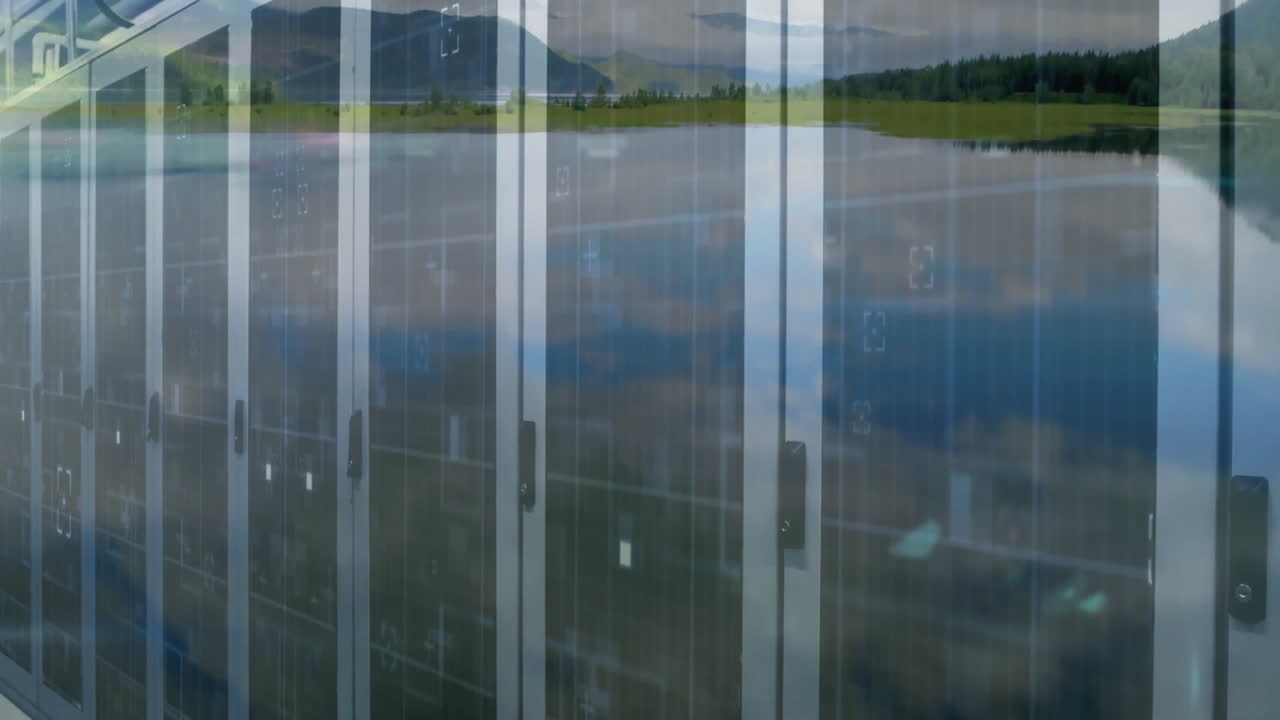 Data processing animation over reflective glass panels in server room