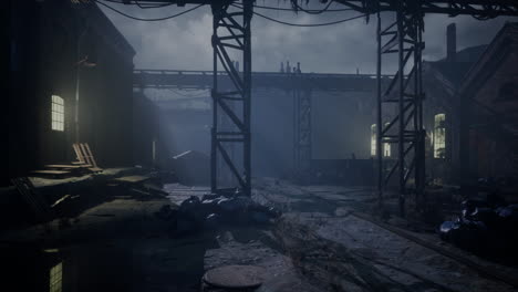 escena nocturna de una fábrica abandonada