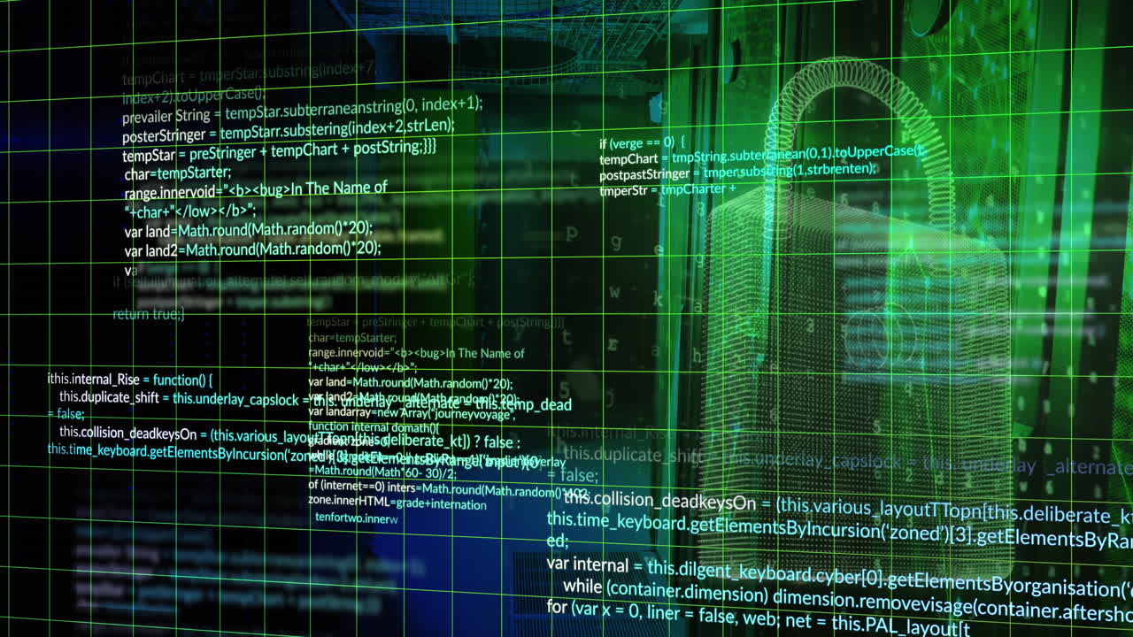 Animation of padlock, computer language, letters, numbers and padlock over server room