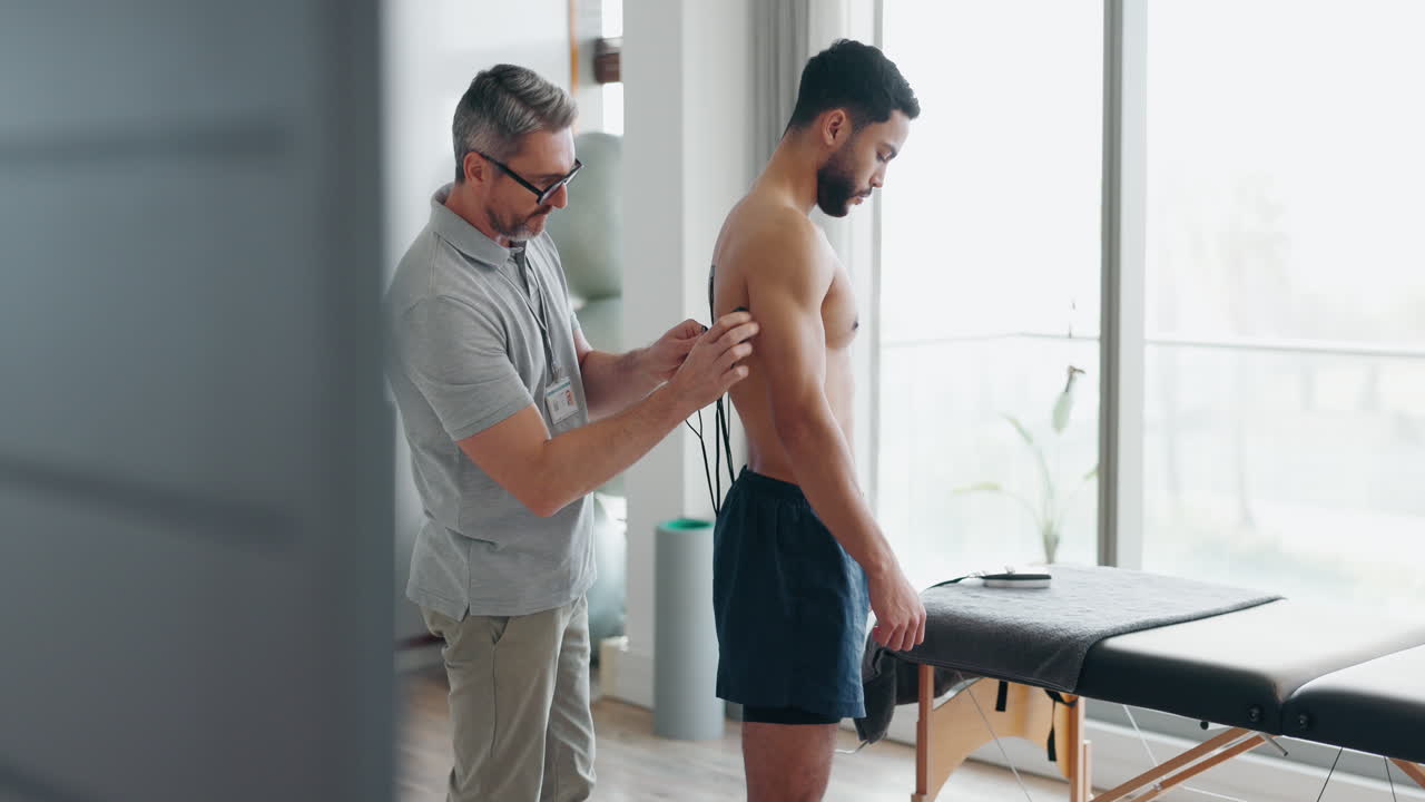 Physiotherapist with electrical muscle stimulator