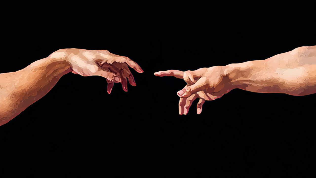 Iconic hands reaching connection animated overlay, transparent 4K video, alpha channel, ProRes 4444