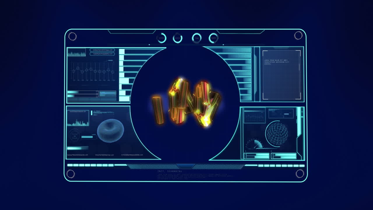 Animation of golden crystal shapes over interface wit data processing against blue background