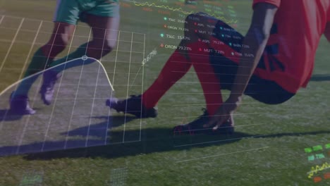 Animation-of-graphs-and-financial-data-over-legs-of-diverse-male-soccer-players-training