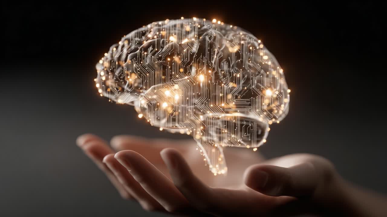 Concetto di cervello digitale illuminato: presentazione di un'innovativa fusione di tecnologia e neuroscienze con circuiti luminosi e simbolismo cognitivo