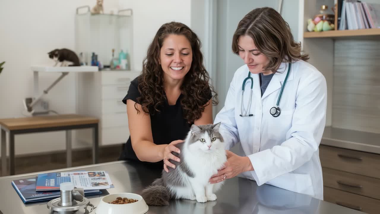 Owner placing long-haired cat on stainless exam table, vet listening with stethoscope for health