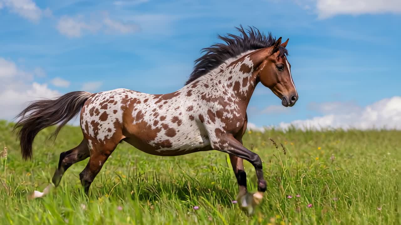 Cavalo marrom e branco malhado galopando por um vasto prado gramado, grama alta, flores silvestres