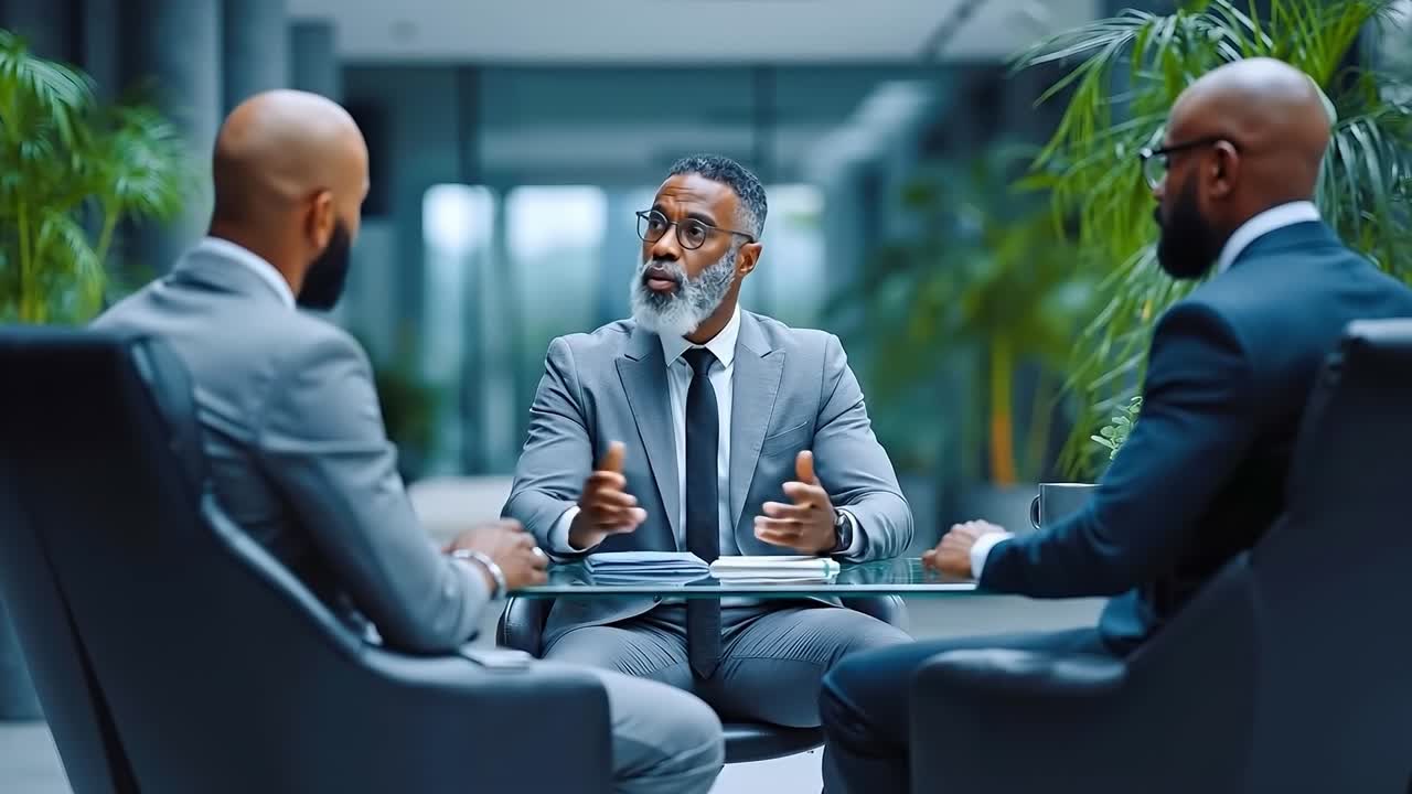 A group of men sitting around a table talking to each other