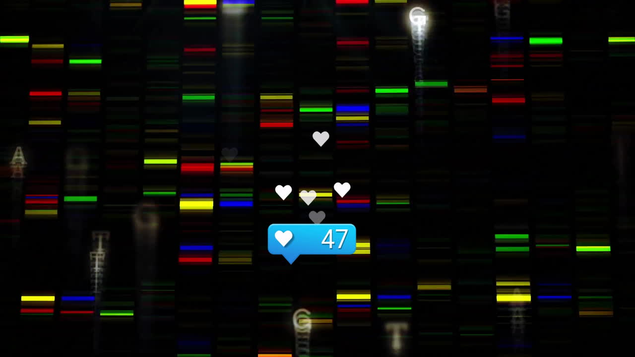 DNA sequencing pattern with animated social media likes overlay in digital display