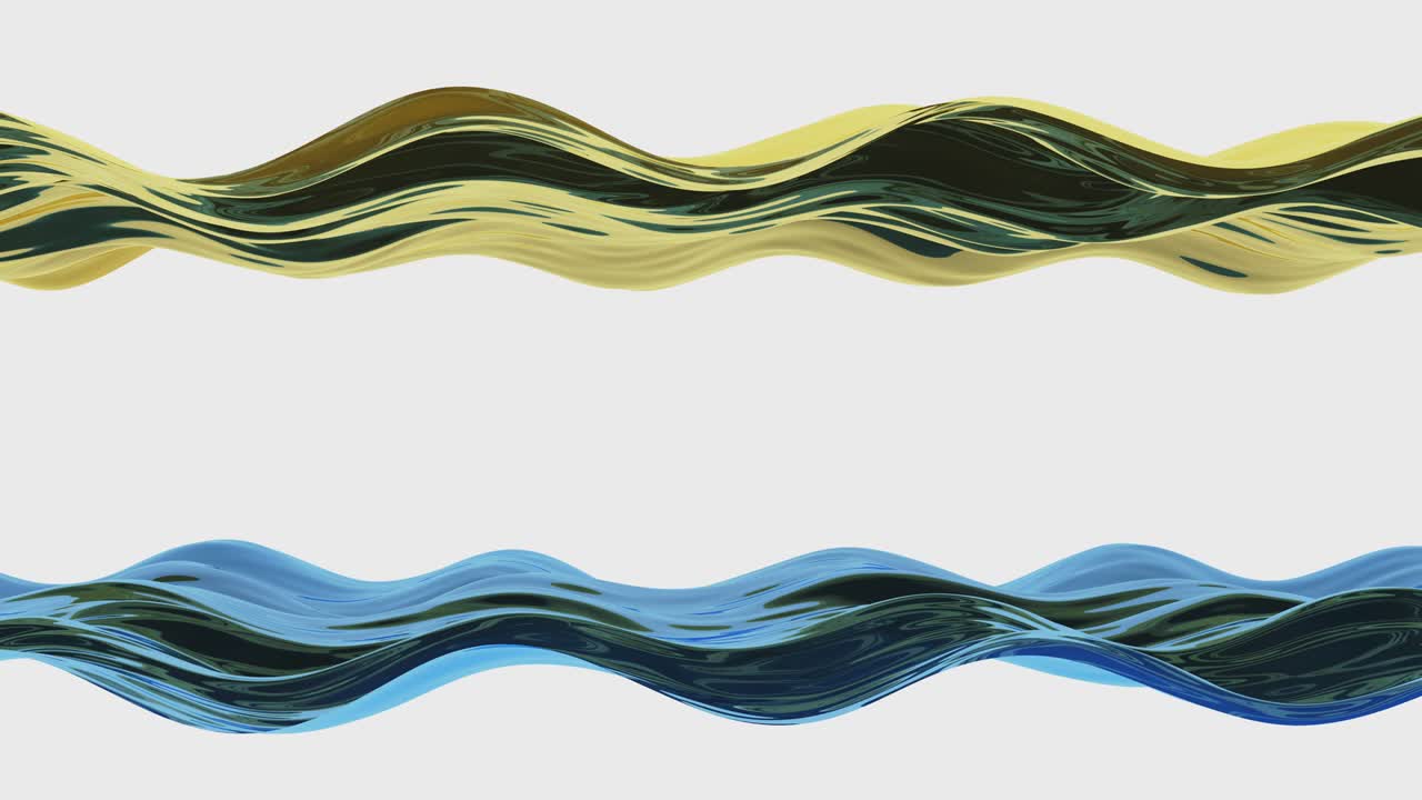 dos ondas de colores amarillo y azul brillan con reflejos en un fondo blanco