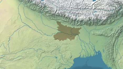 zoom en mapa de satélite animado del estado o provincia de bihar de la india con área reveladora