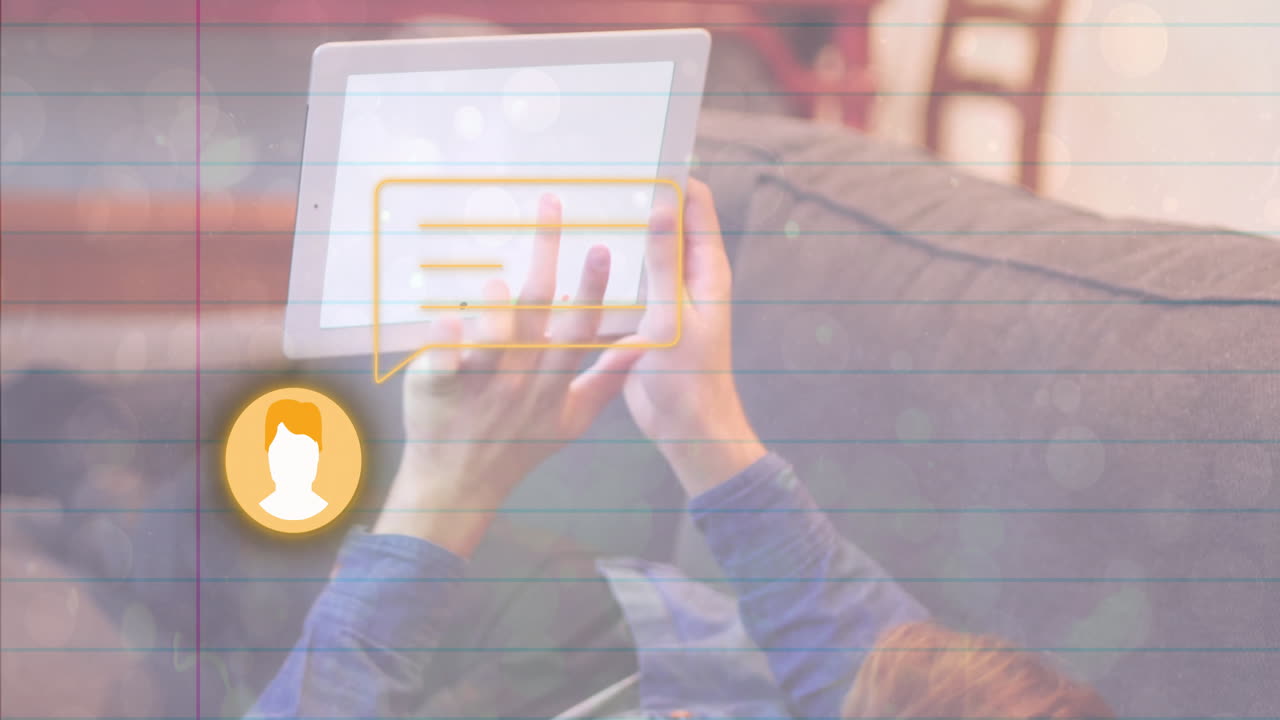 Person using tablet with chat bubble animation overlay on lined background