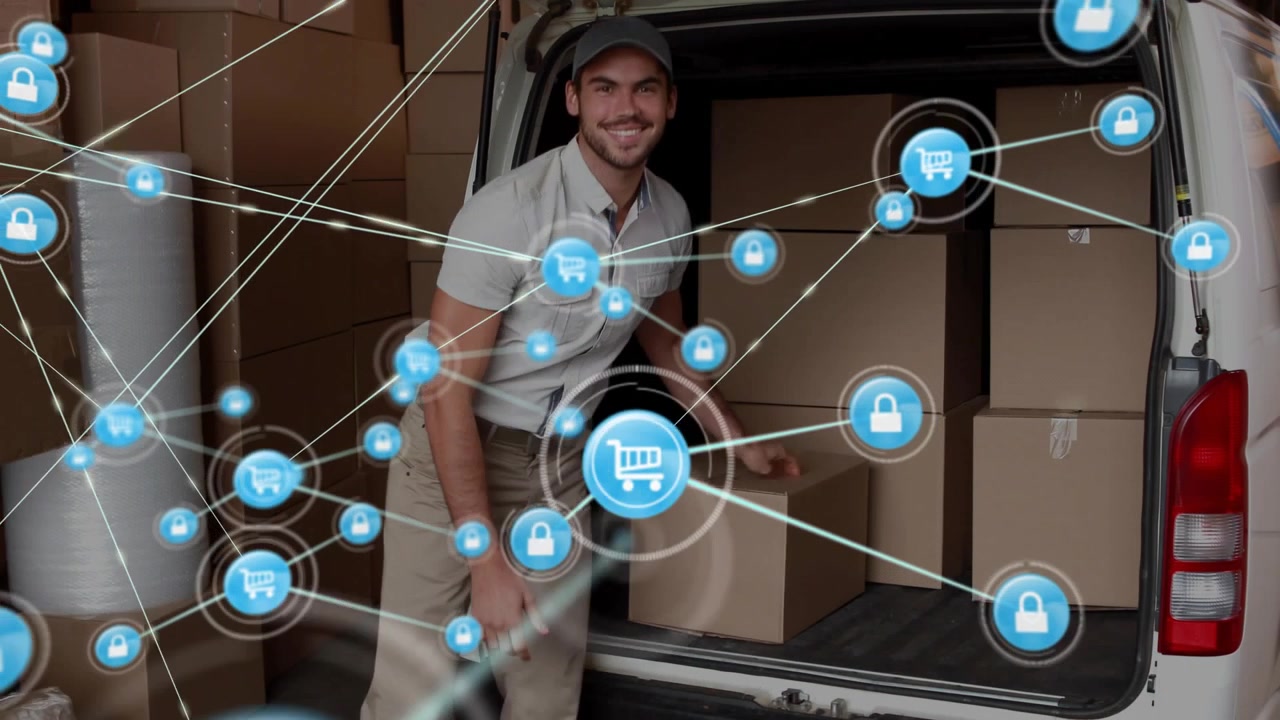 Addetto alle consegne che carica scatole in un furgone e icone di lucchetto del carrello che si moltiplicano, indicando un e-commerce sicuro