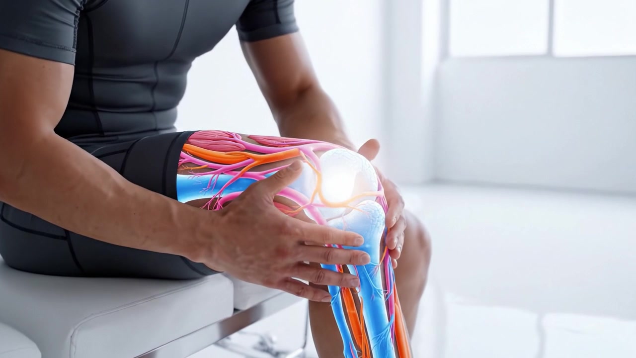 Ein Mann analysiert Kniegesundheit und Schmerzen mit fortschrittlicher Visualisierungstechnologie, die muskuloskelettale Merkmale und Körpermechanik zeigt, um Zustände besser zu verstehen
