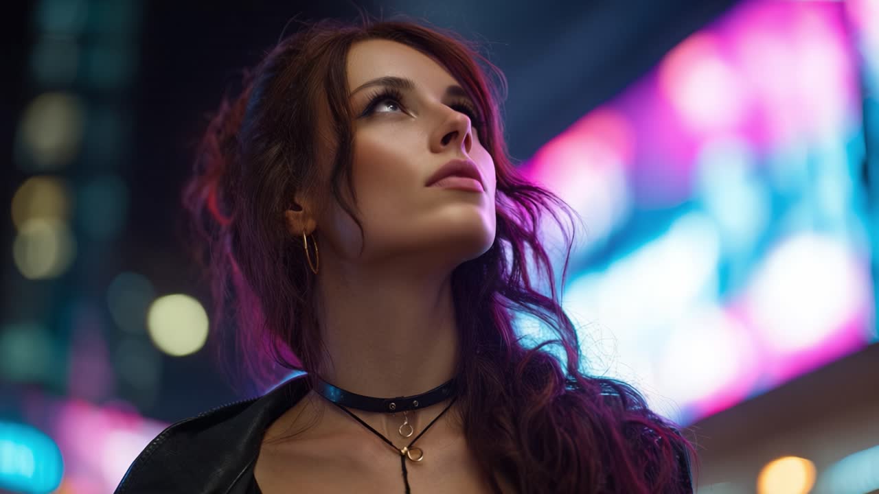 A woman gazes thoughtfully at the colorful lights of the city, embodying a sense of wonder and contemplation amid the vibrant urban landscape at night