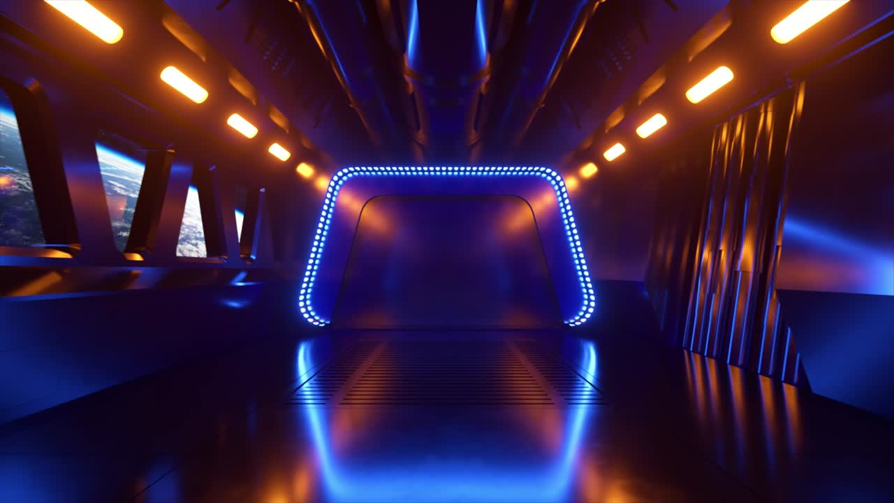 túnel de ciencia ficción en el espacio exterior con luz de neón. planeta tierra fuera de la ventana de la nave espacial. concepto de tecnología espacial. animación 3d de un bucle sin costuras