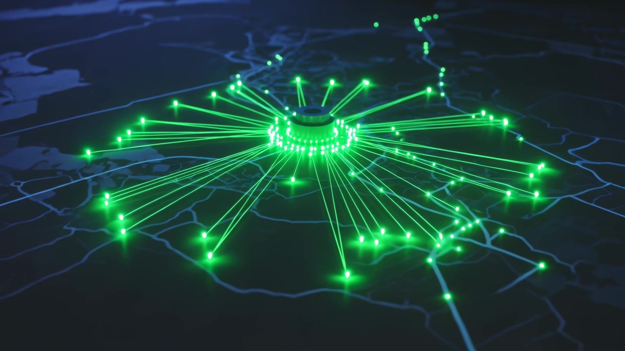 Receiving pulse, glowing hub powering and sending green beams across dark map, connecting nodes