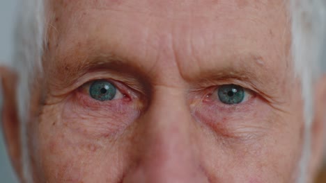 extreme closeup macro portrait of wrinkled face old senior beautiful mans eyes looking at camera