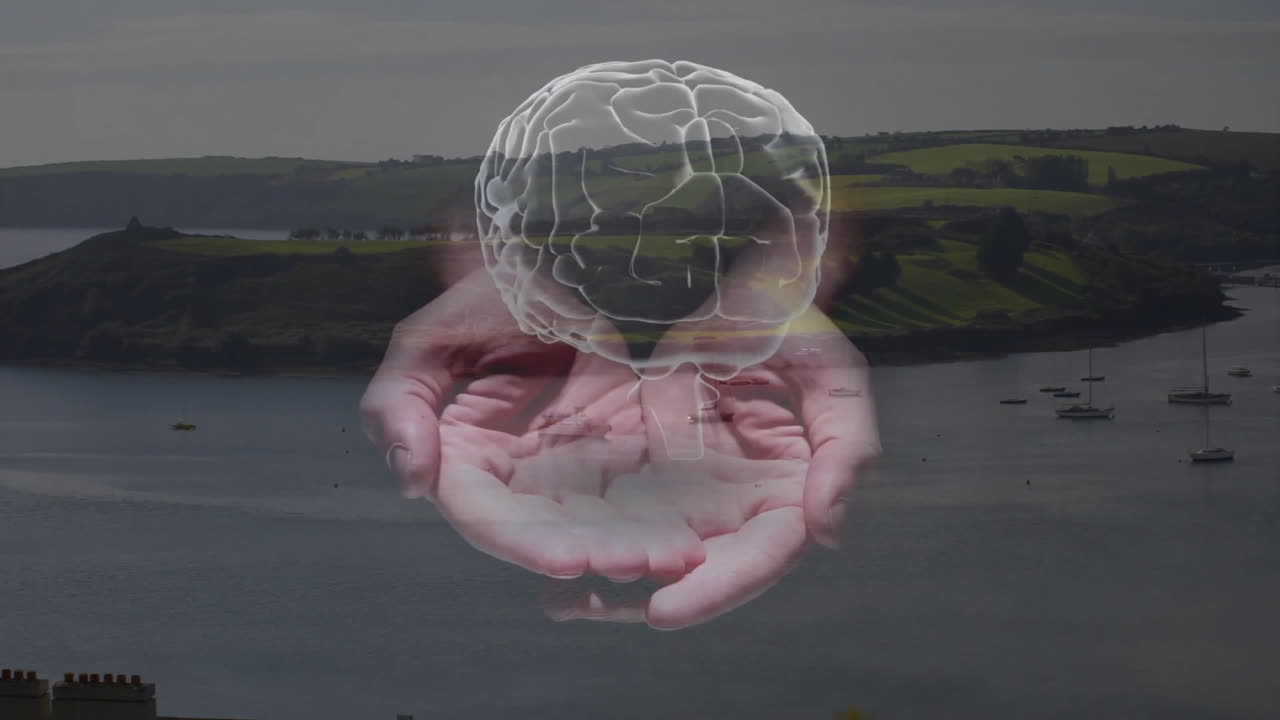 Cupped hands cradling holographic brain, floating above coastal panorama in 3D render