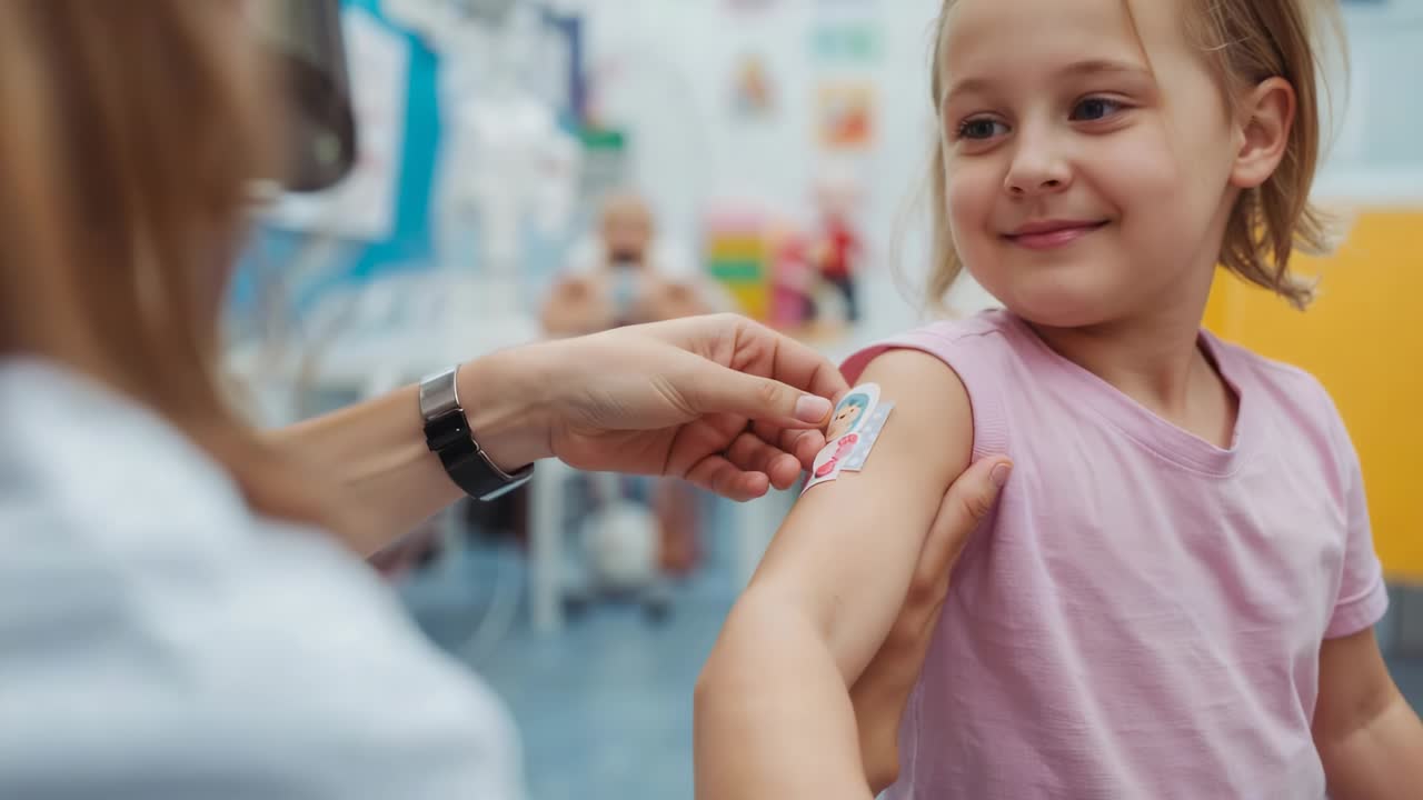 Placing cartoon bandage, nurse aligning and smoothing on child in pink shirt at clinic after shot