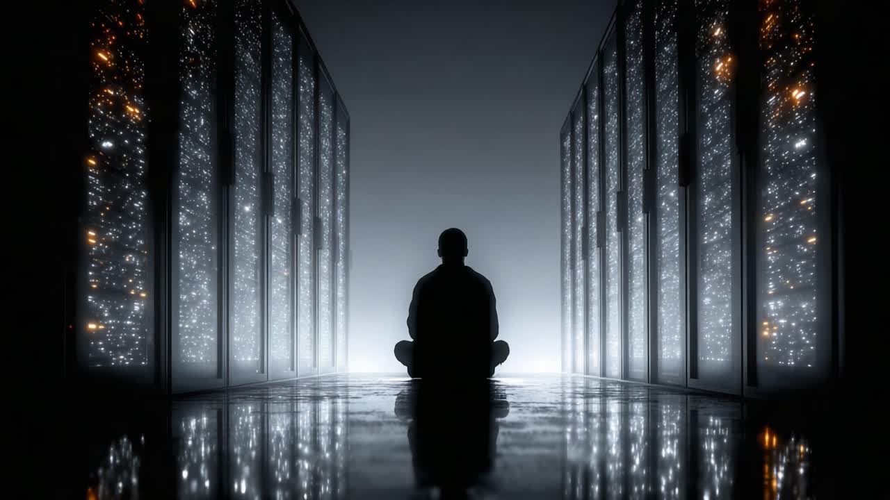 Contemplating the Digital Abyss: A Solitary Figure Meditates Amidst Glimmering Data Servers in a Vast, High-Tech Environment, Exploring the Intersection of Humanity and Technology