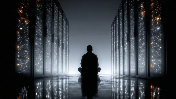 Contemplando l'abisso digitale: una figura solitaria medita tra scintillanti server di dati in un vasto ambiente high-tech, esplorando l'intersezione tra umanità e tecnologia