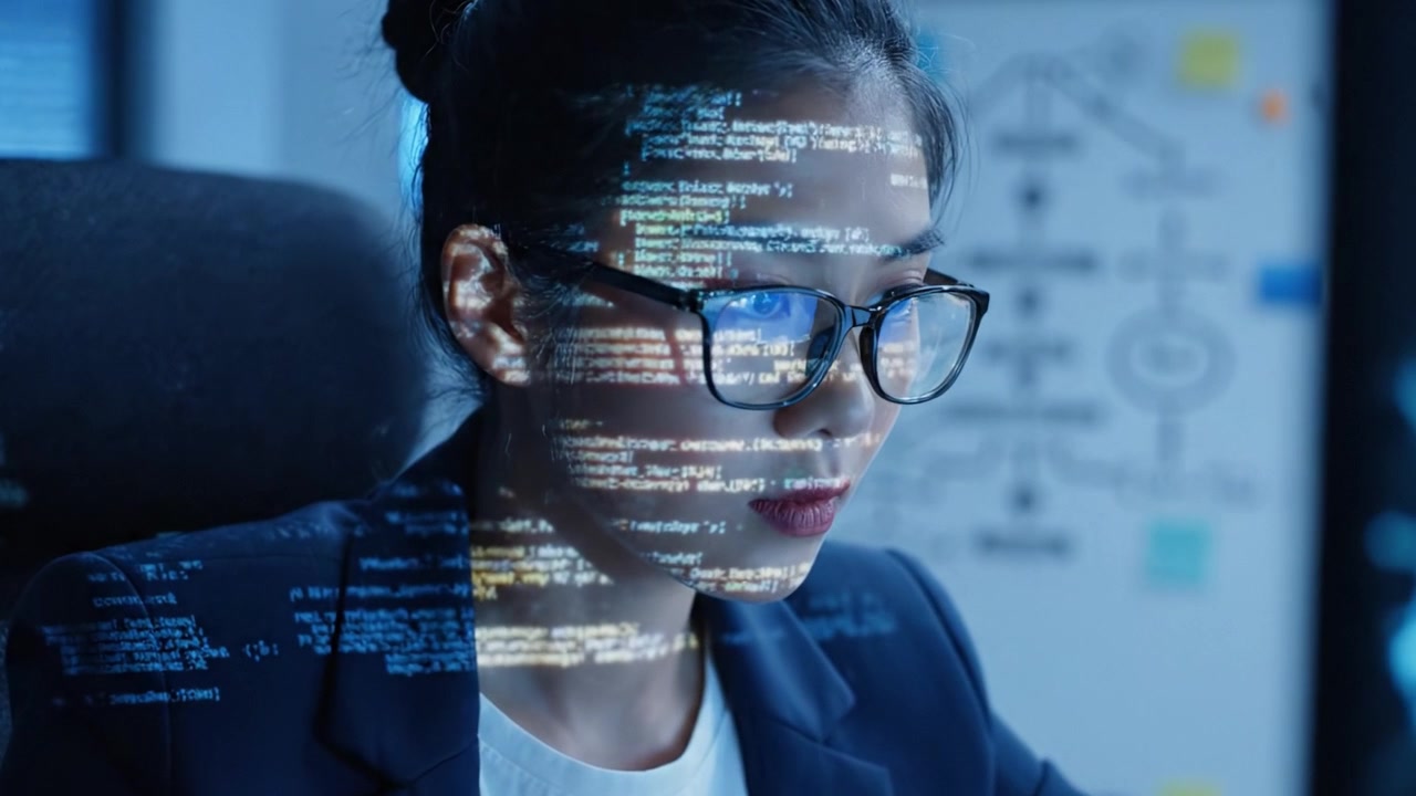 Focused Programmer Analyzing Code and Data on Computer Screen Enhanced by Multilayered User Interface, Showcasing Technological Advancements in Software Development