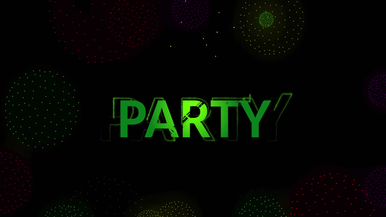 Animation of party text over shapes and fireworks on black backrgound