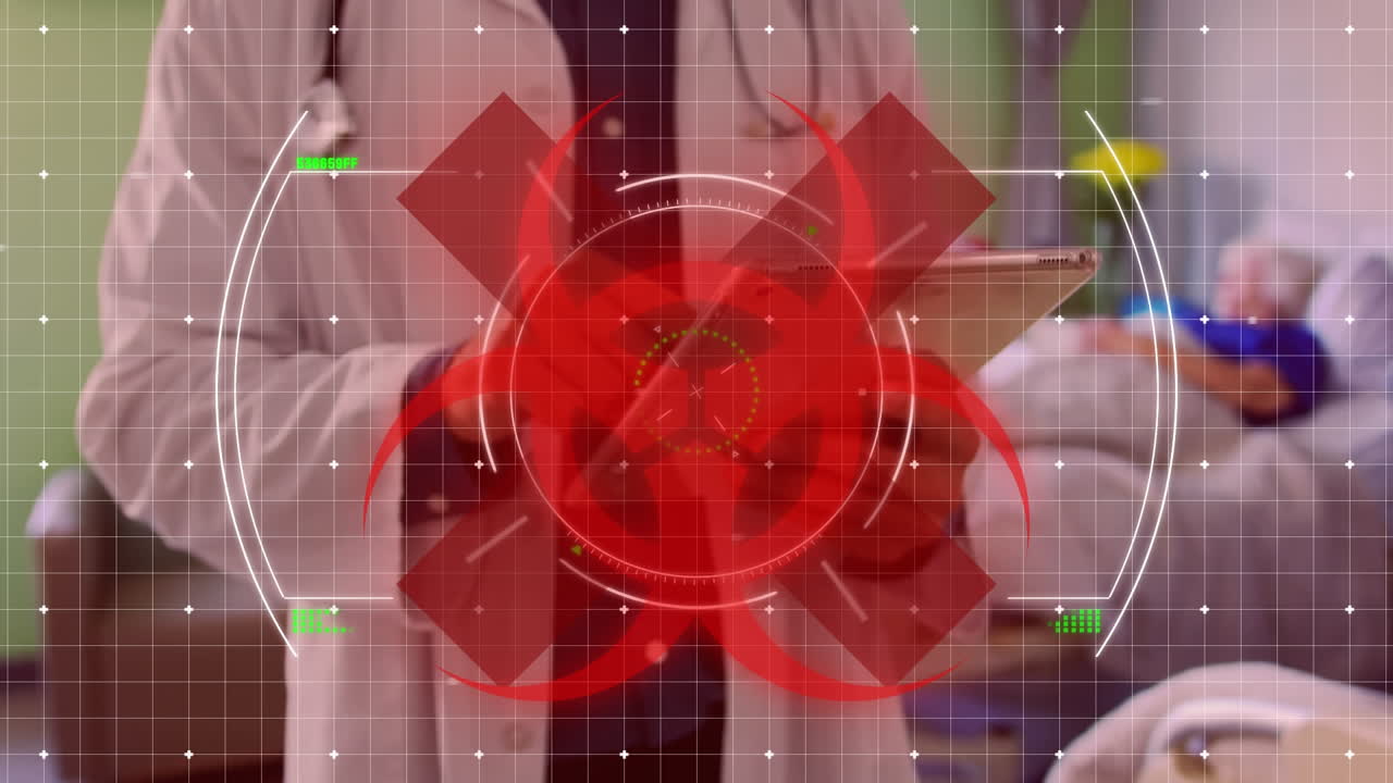 백그라운드에서 병원 방을 걸어가는 의사 위에 건강 위험 표지판이 있습니다. 코로나19가 퍼지고 있습니다.