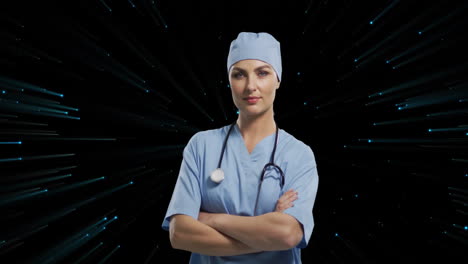 animación de una doctora caucásica sobre puntos de luz en un fondo negro