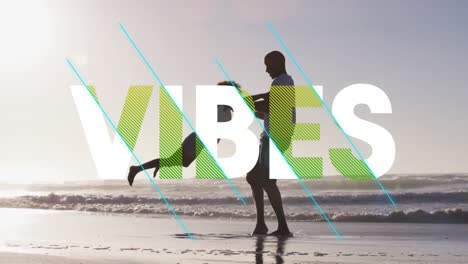 animación de vibraciones texto sobre padre afroamericano con hija en la playa