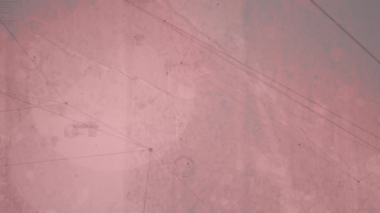 Animación digital de red de conexiones y procesamiento de datos sobre fondo gris.