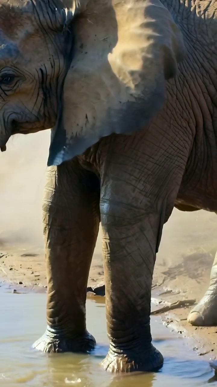 Vertical video: Approaching water hole elephant lifting trunk splashing and drinking to sate thirst