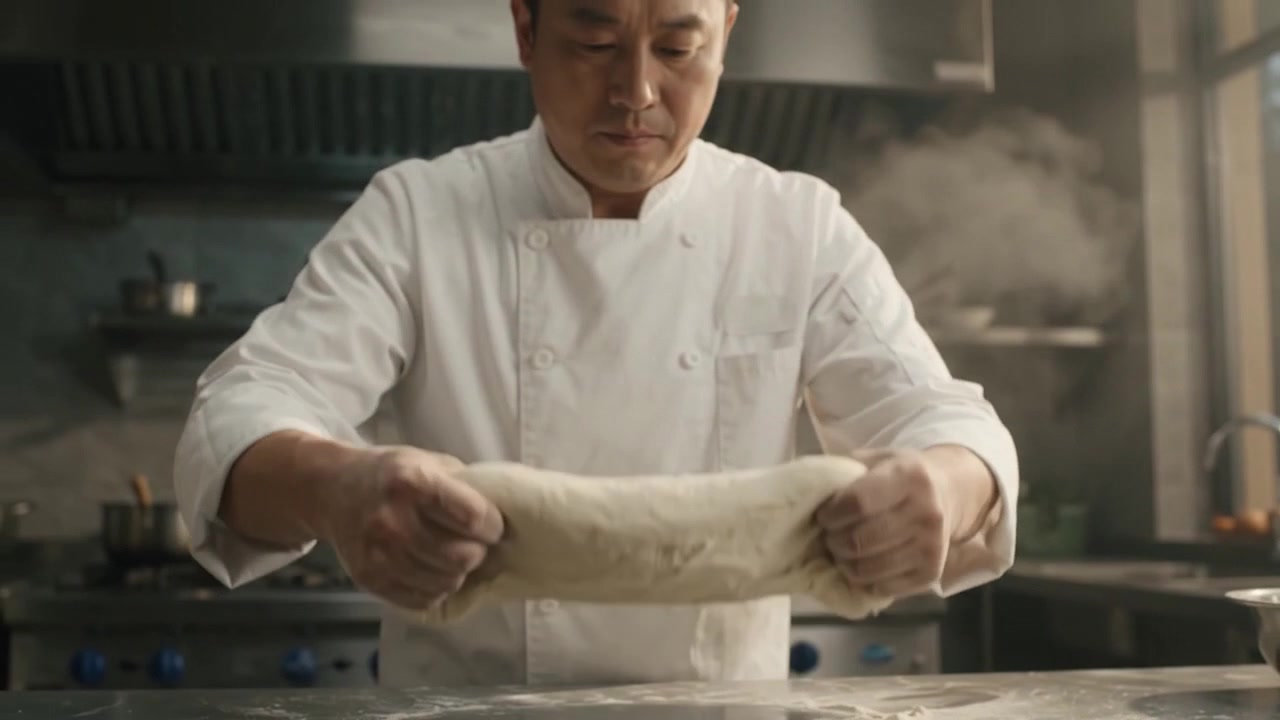 Chef professionista che prepara a mano noodles freschi nella cucina di un ristorante