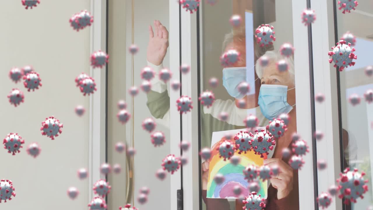 코로나 19 세포의 애니메이션과 페이스 마스크를 착용한 고령 커플의 통계