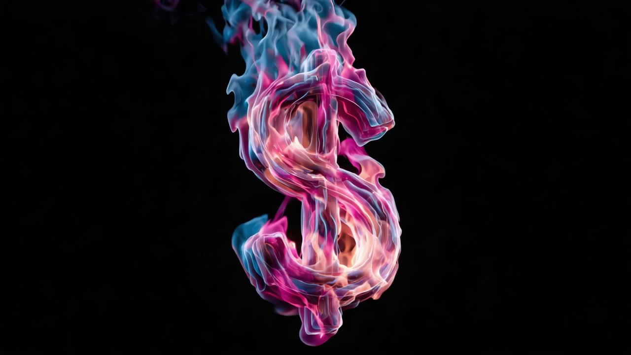 Fiamme visivamente accattivanti che formano il simbolo del dollaro su uno sfondo scuro, a rappresentare concetti di ricchezza e finanza attraverso un design artistico del fumo