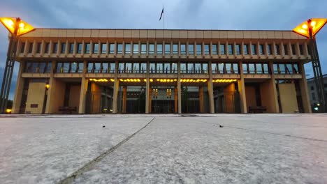 front view of vilnius seimas parliament illuminated at sunset in lithuania