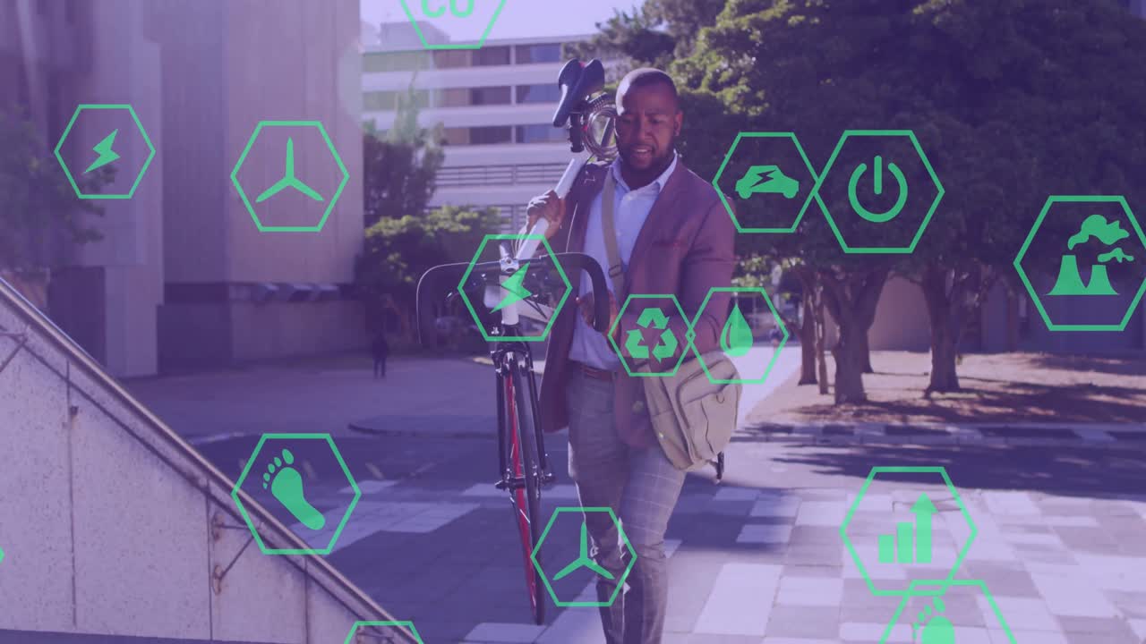 animación de iconos sobre un hombre de negocios afroamericano caminando en bicicleta